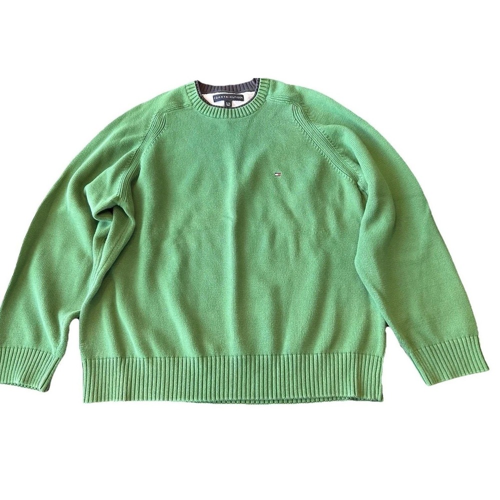 Tommy Hilfiger Men's Spring Sweater Cotton XL Green Navy Trim Flag Logo Preppy